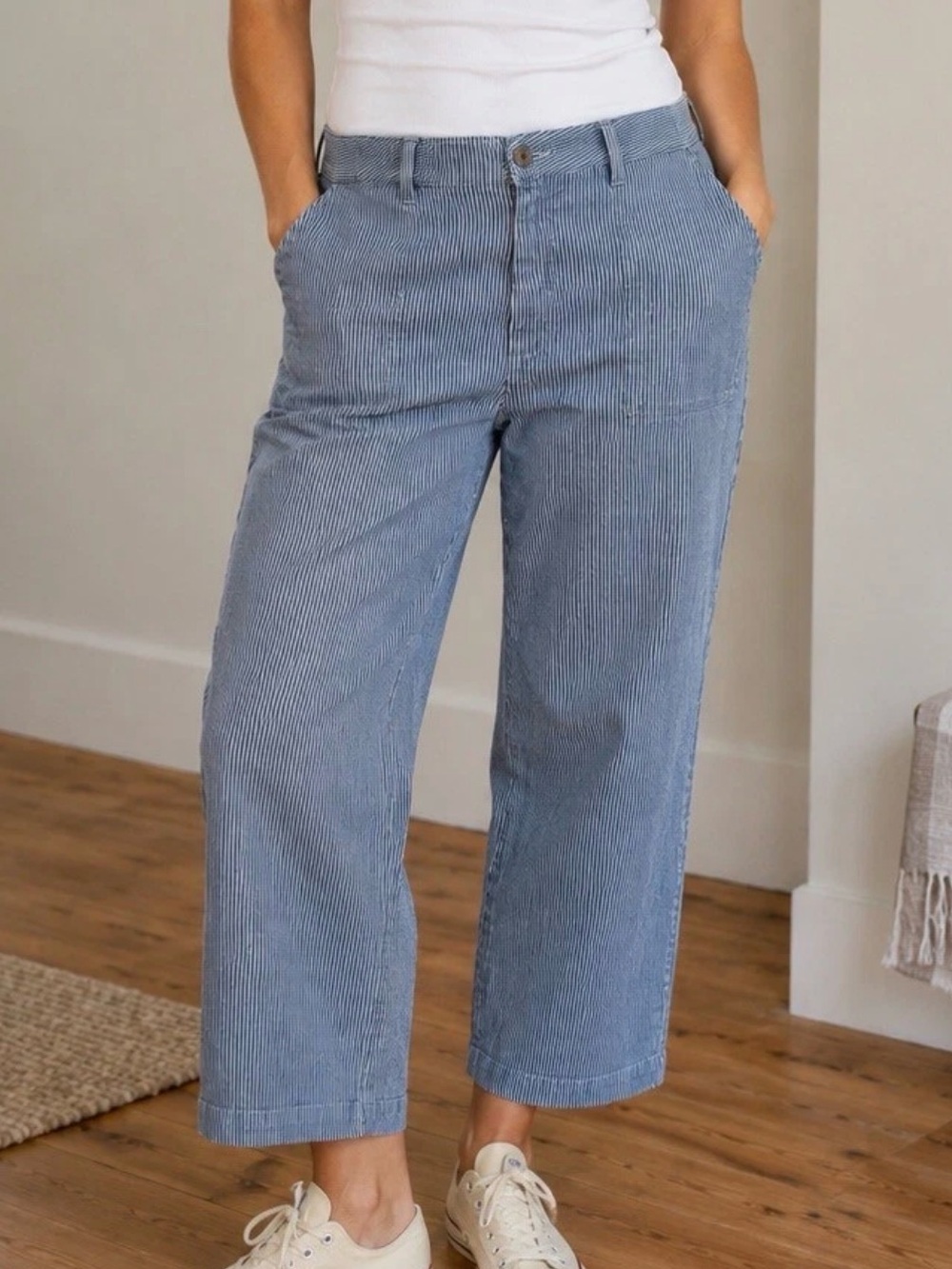 Prairie Underground Railroad Stipe jeancut pants, XL. Blue/Dark Blue stripe.